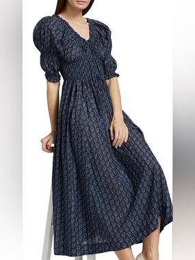DÔEN Ischia Printed Smocked Midi Dress — Navy Paisley Bouquet. Size S